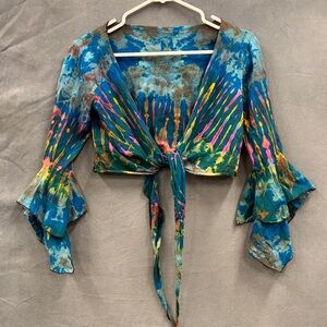 Zeyma Multicolor Tie-Dye Top Bell Sleeves Tie Front Cardigan Boho Cottage OSFM